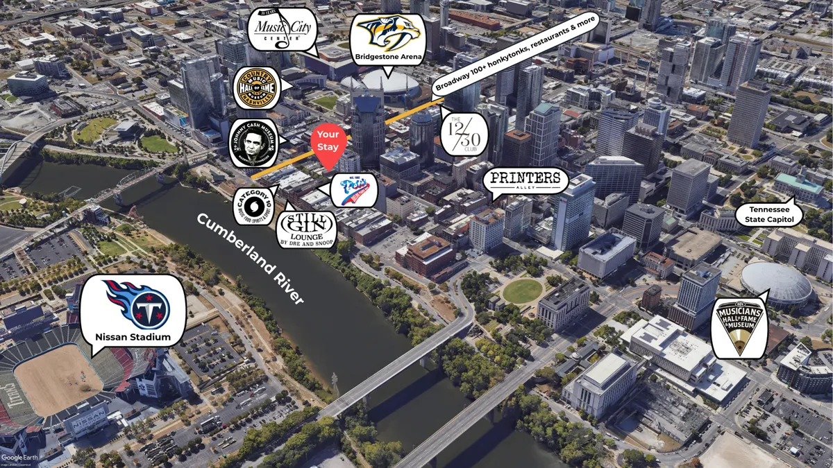 This image features a sweeping view over downtown Nashville, highlighting the vibrant city skyline, the Cumberland River, and the instantly recognizable Bridgestone Arena. The arena is prominently visible, connecting directly to the music and entertainment theme of the section.