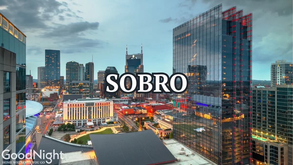 A panoramic city skyline view with prominent buildings shining under city lights, capturing the modern vibrancy and nightlife potential of the neighborhood. The scene hints at the wide range of group adventures available, from nightlife to events and city exploration.
