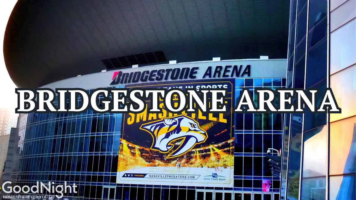 A striking exterior shot of Bridgestone Arena, with its vibrant signage and banners. People gather outside, capturing the excitement and energy of live sports and music events—echoing the section’s invitation to catch a show or experience a concert.