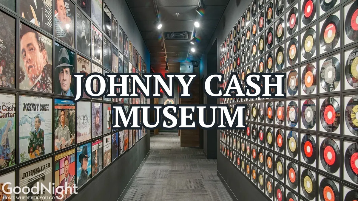 The interior of a music museum adorned with walls of album covers and Johnny Cash memorabilia. The image evokes the nostalgia and historical richness of Nashville's music history, offering a taste of immersive exhibits and legendary stories.